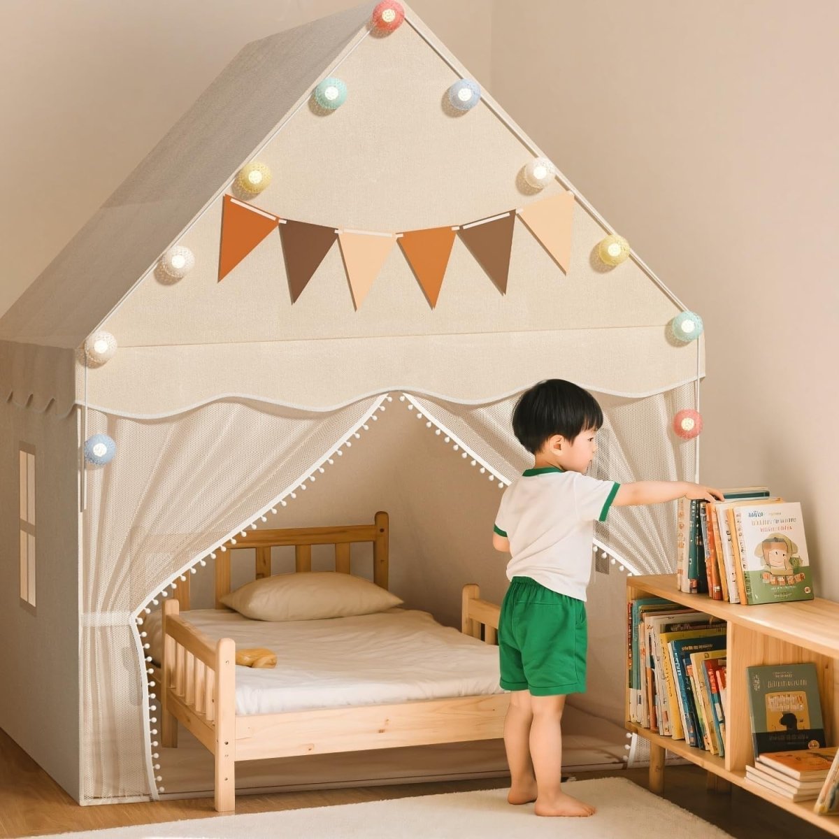 White Kids Indoor Play Tent with Star Lights Padded Mat Cozy Bed Canopy - Kwikley