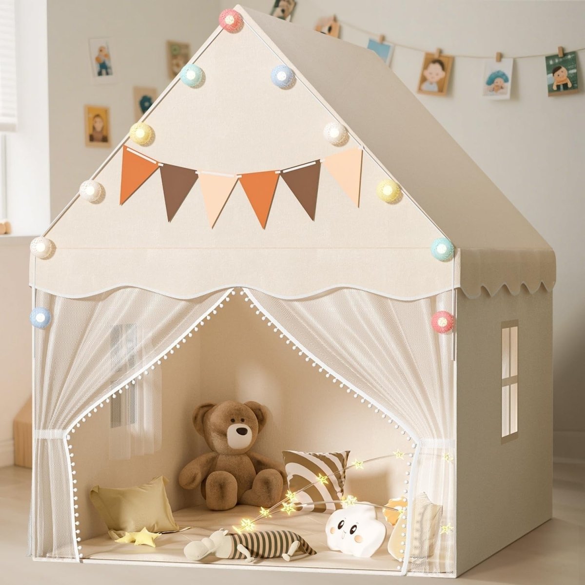 White Kids Indoor Play Tent with Star Lights Padded Mat Cozy Bed Canopy - Kwikley