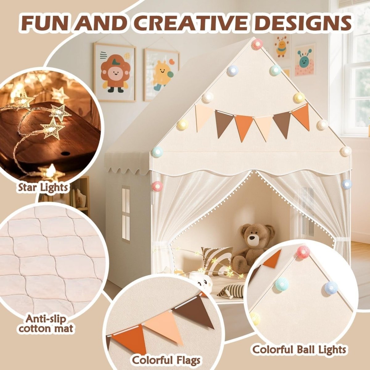 White Kids Indoor Play Tent with Star Lights Padded Mat Cozy Bed Canopy - Kwikley