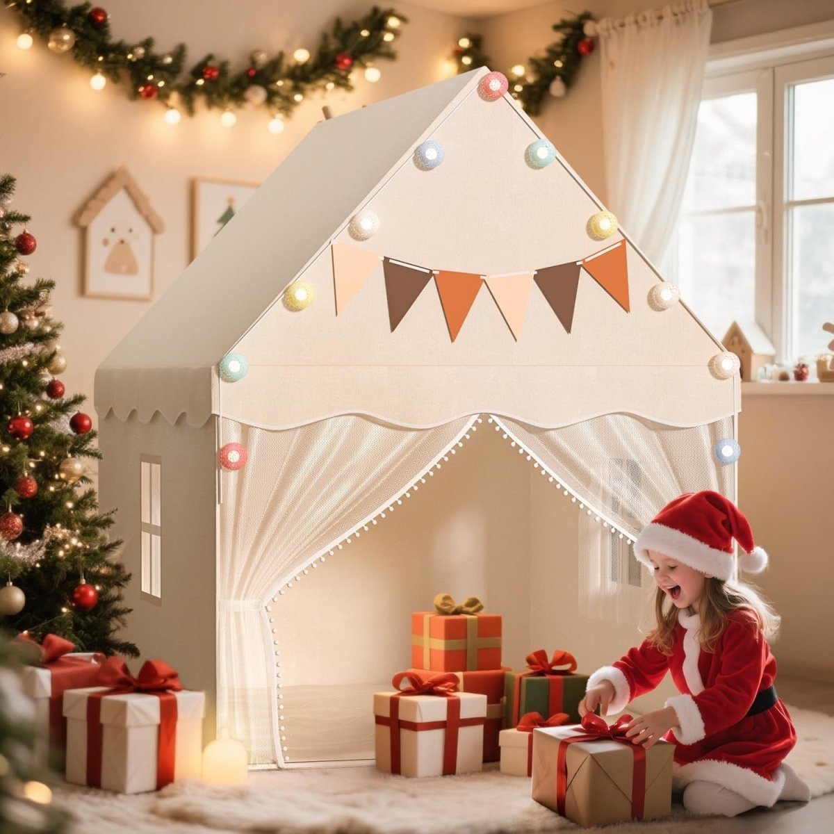 White Kids Indoor Play Tent with Star Lights Padded Mat Cozy Bed Canopy - Kwikley