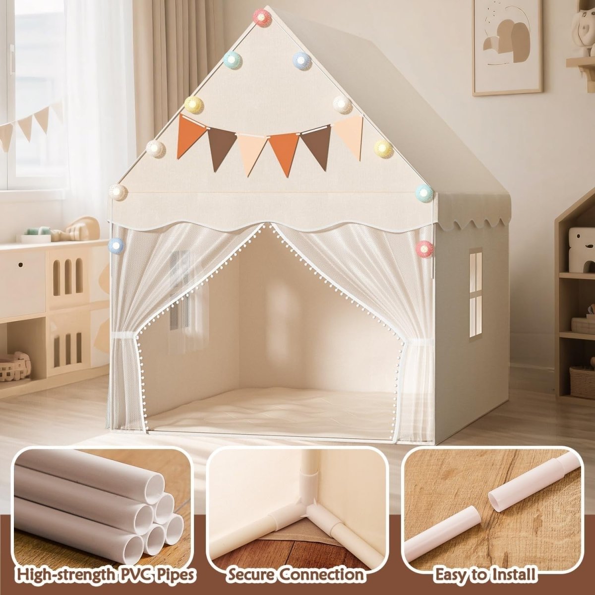 White Kids Indoor Play Tent with Star Lights Padded Mat Cozy Bed Canopy - Kwikley
