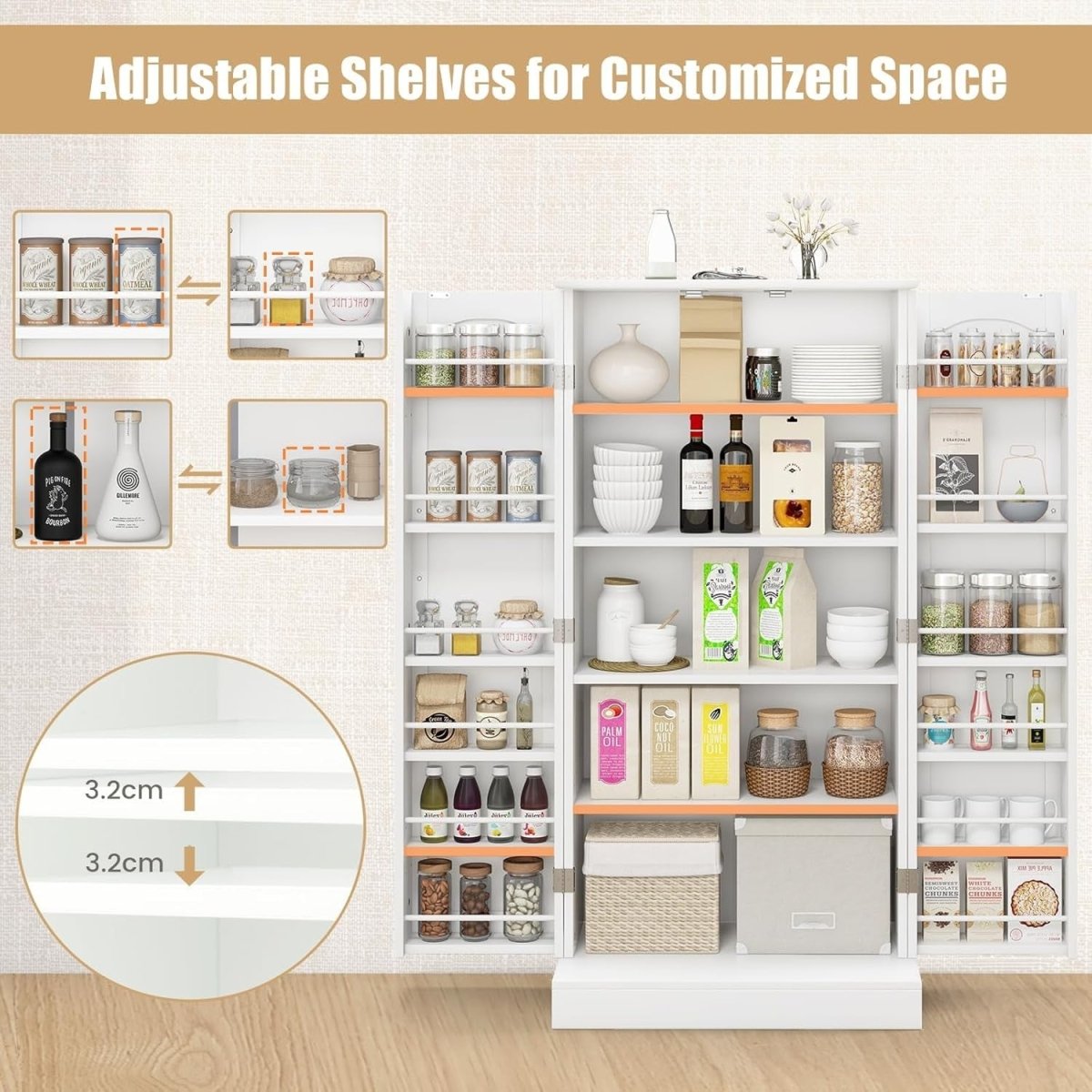 White Kitchen Pantry Cupboard Tall Storage Cabinet Adjustable Shelves Unit - Kwikley