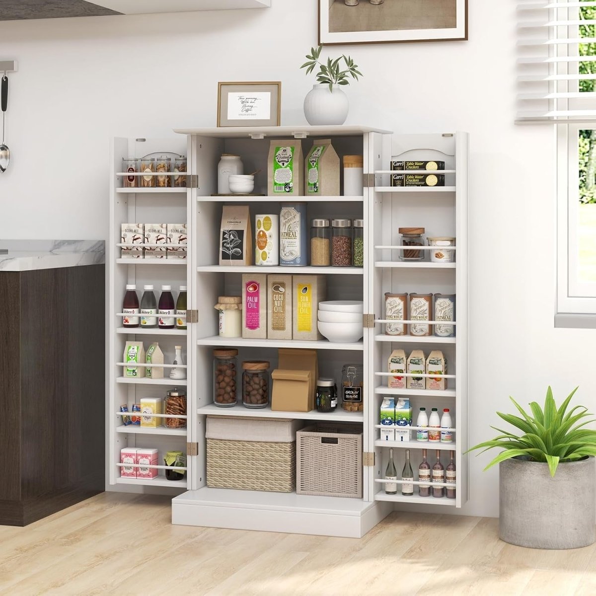 White Kitchen Pantry Cupboard Tall Storage Cabinet Adjustable Shelves Unit - Kwikley