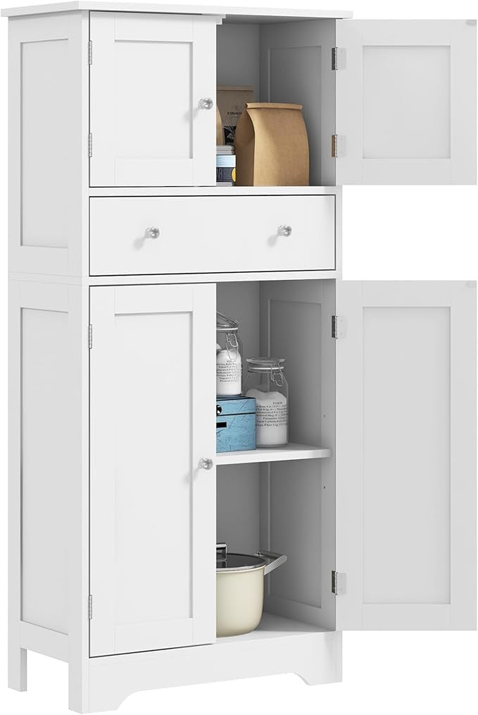 White Kitchen Storage Cabinet 4 Door Pantry Cupboard with Drawer & Shelves - Kwikley