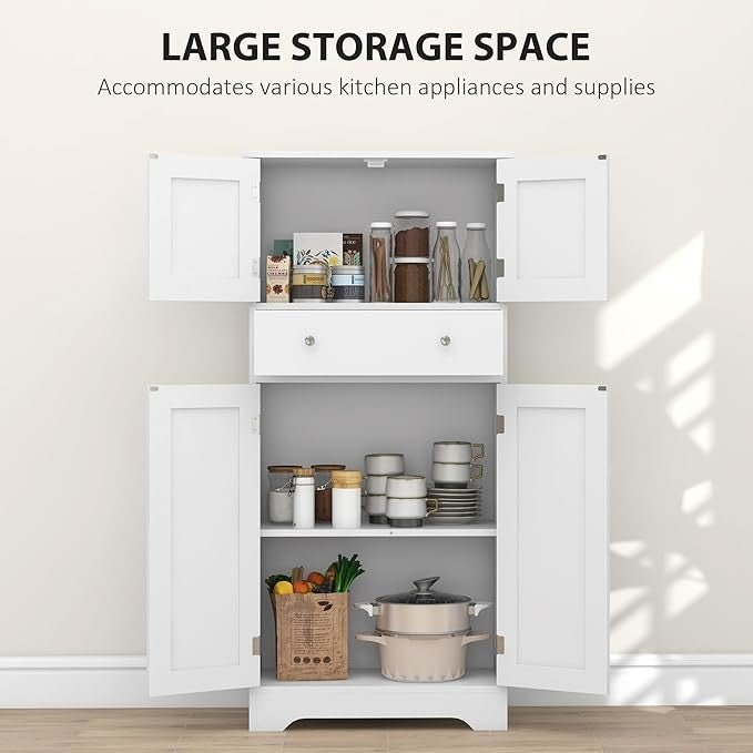 White Kitchen Storage Cabinet 4 Door Pantry Cupboard with Drawer & Shelves - Kwikley