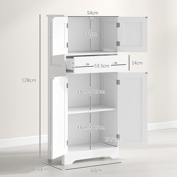 White Kitchen Storage Cabinet 4 Door Pantry Cupboard with Drawer & Shelves - Kwikley