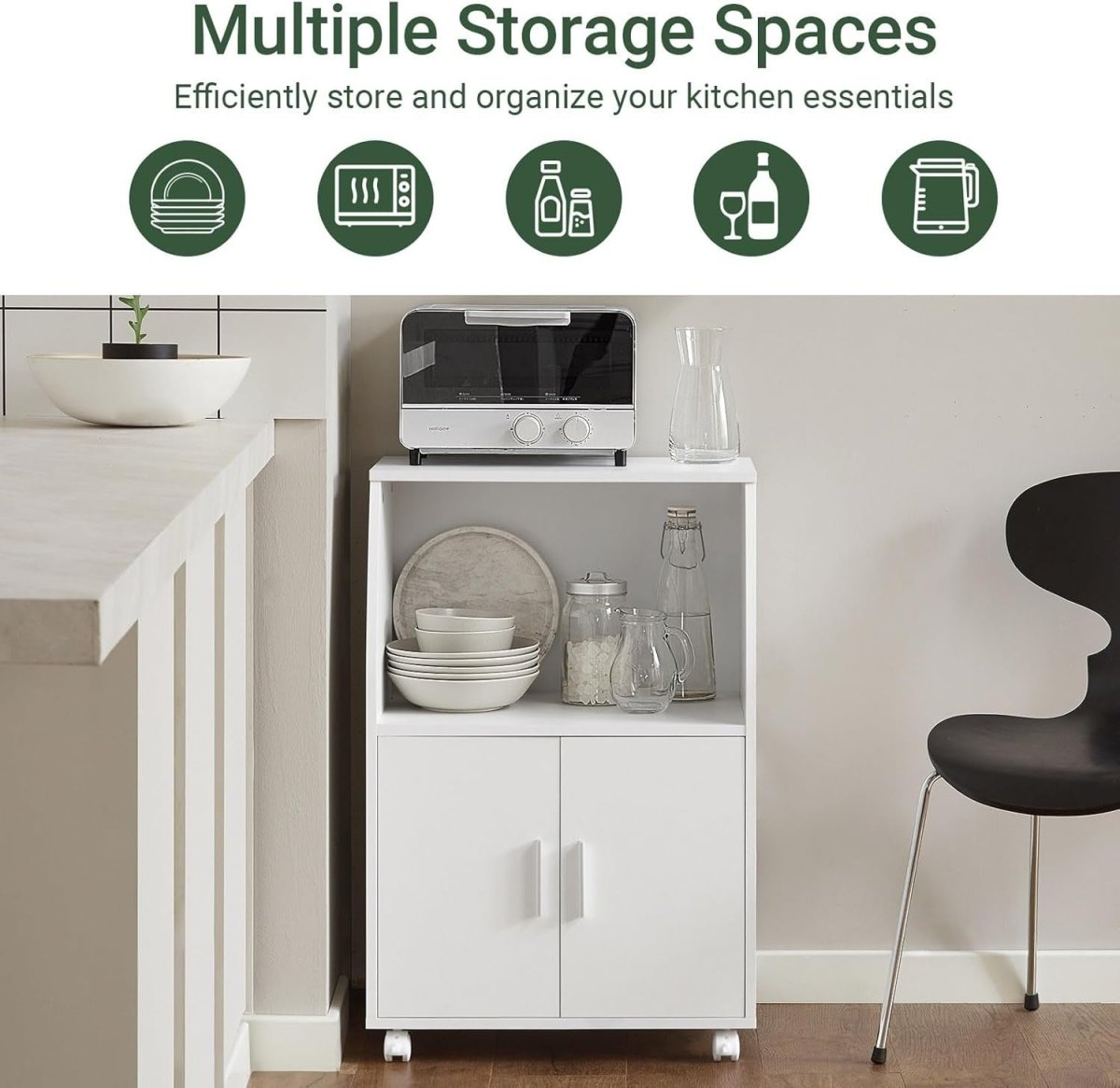 White Kitchen Trolley Cart 92cm Cupboard Wheels - Kwikley