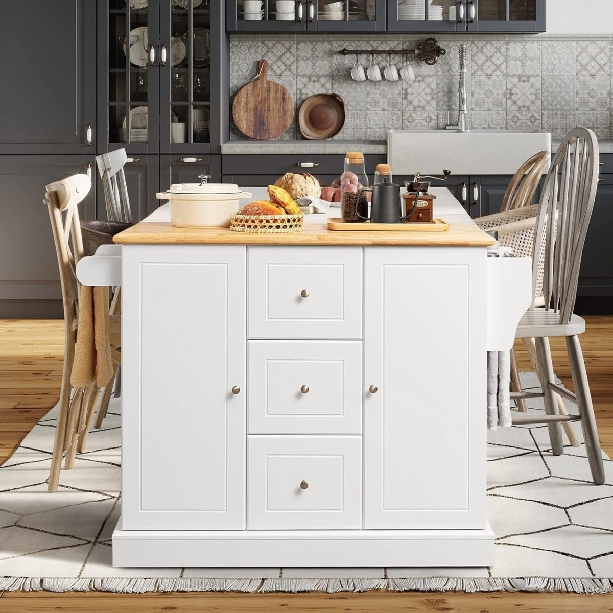 White Large Kitchen Island Cart 3 Drawers 2 Cabinets - Kwikley
