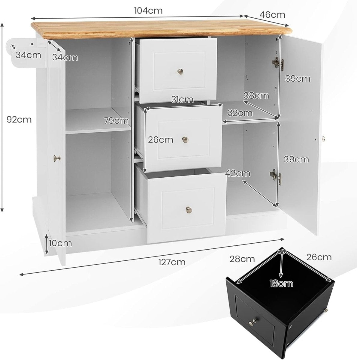 White Large Kitchen Island Cart 3 Drawers 2 Cabinets - Kwikley