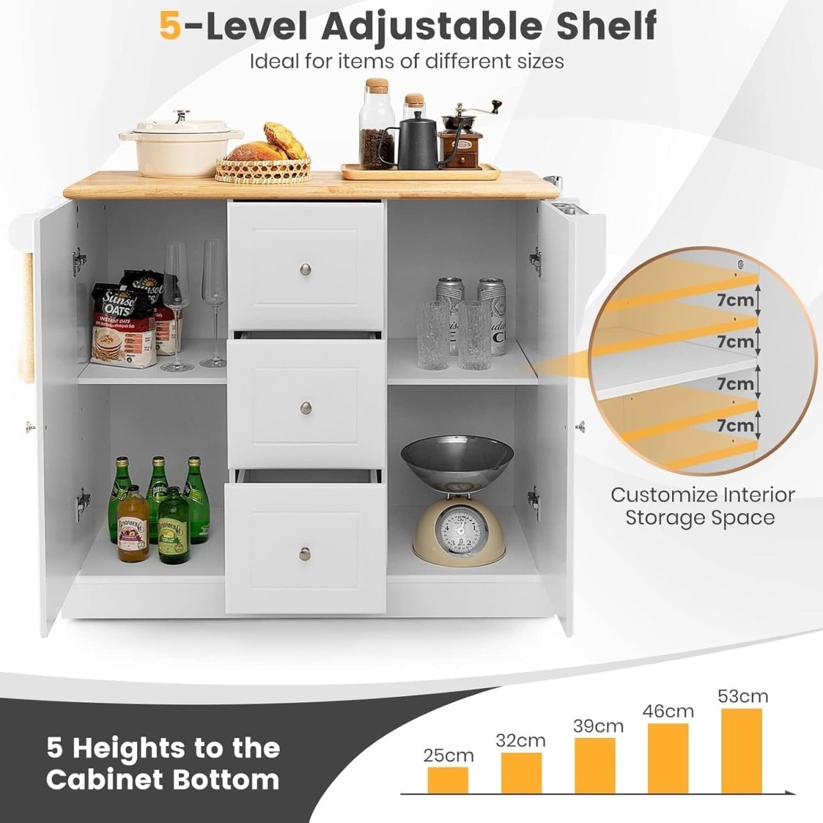 White Large Kitchen Island Cart 3 Drawers 2 Cabinets - Kwikley