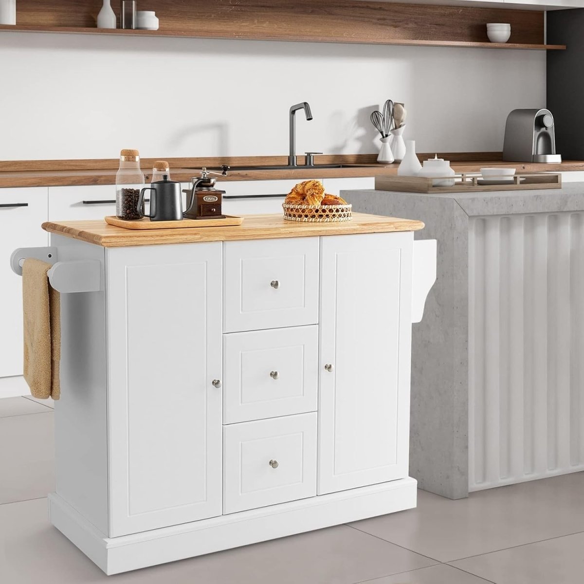 White Large Kitchen Island Cart 3 Drawers 2 Cabinets - Kwikley