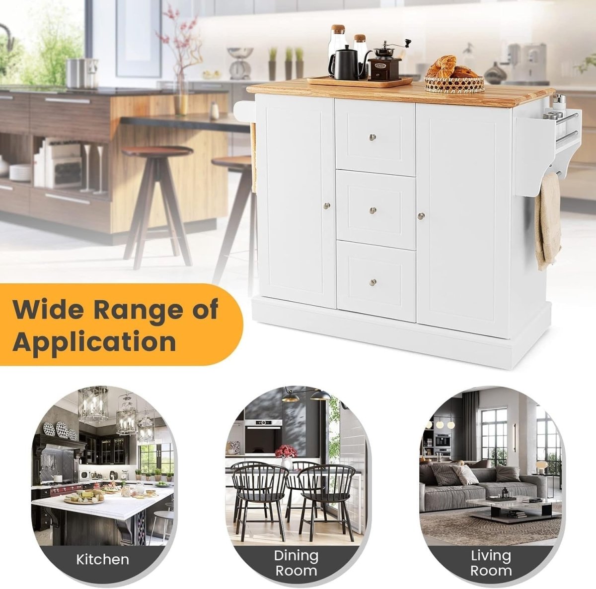 White Large Kitchen Island Cart 3 Drawers 2 Cabinets - Kwikley