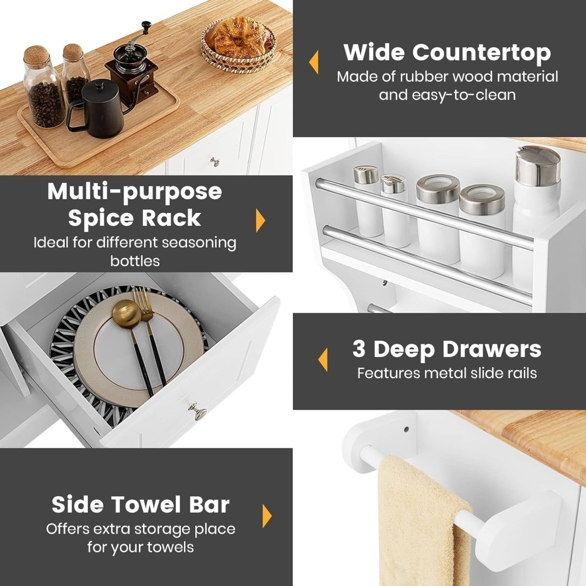 White Large Kitchen Island Cart 3 Drawers 2 Cabinets - Kwikley