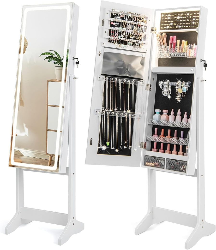 White LED Jewellery Cabinet Full Length Mirror Adjustable Lockable Armoire - Kwikley