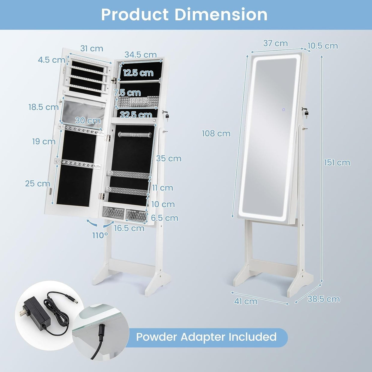 White LED Jewellery Cabinet Full Length Mirror Adjustable Lockable Armoire - Kwikley