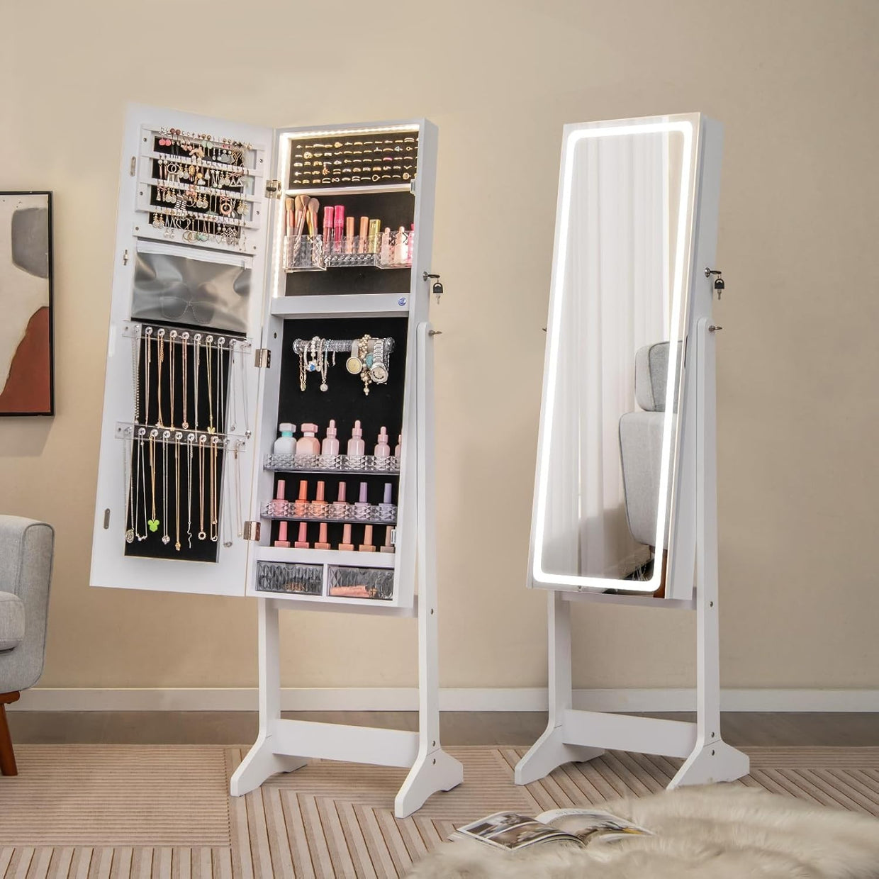 White LED Jewellery Cabinet Full Length Mirror Adjustable Lockable Armoire - Kwikley