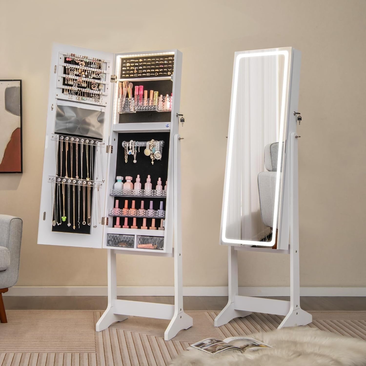 White LED Jewellery Cabinet Full Length Mirror Adjustable Lockable Armoire - Kwikley