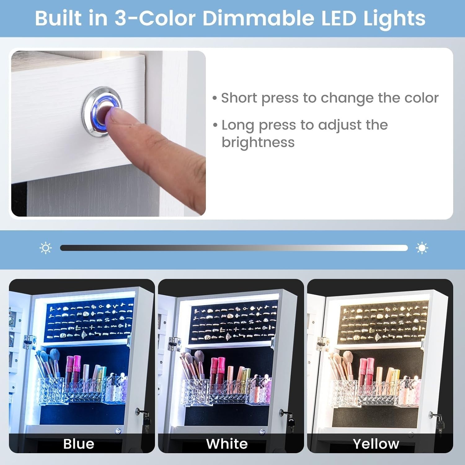 White LED Jewellery Cabinet Full Length Mirror Adjustable Lockable Armoire - Kwikley