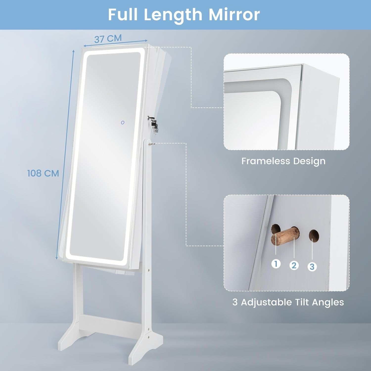 White LED Jewellery Cabinet Full Length Mirror Adjustable Lockable Armoire - Kwikley