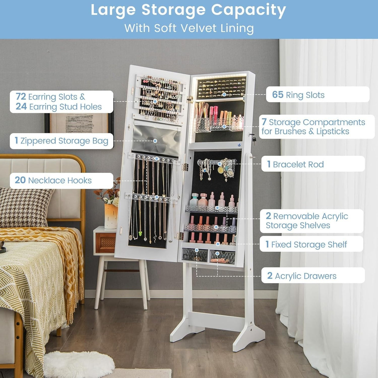 White LED Jewellery Cabinet Full Length Mirror Adjustable Lockable Armoire - Kwikley