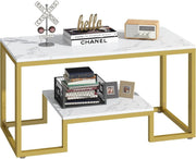 White Marble Coffee Table with Storage – Gold Frame 2 - Tier 100cm Modern - Kwikley