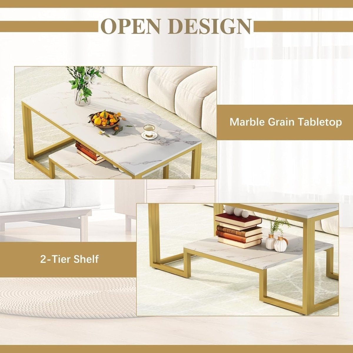 White Marble Coffee Table with Storage – Gold Frame 2 - Tier 100cm Modern - Kwikley