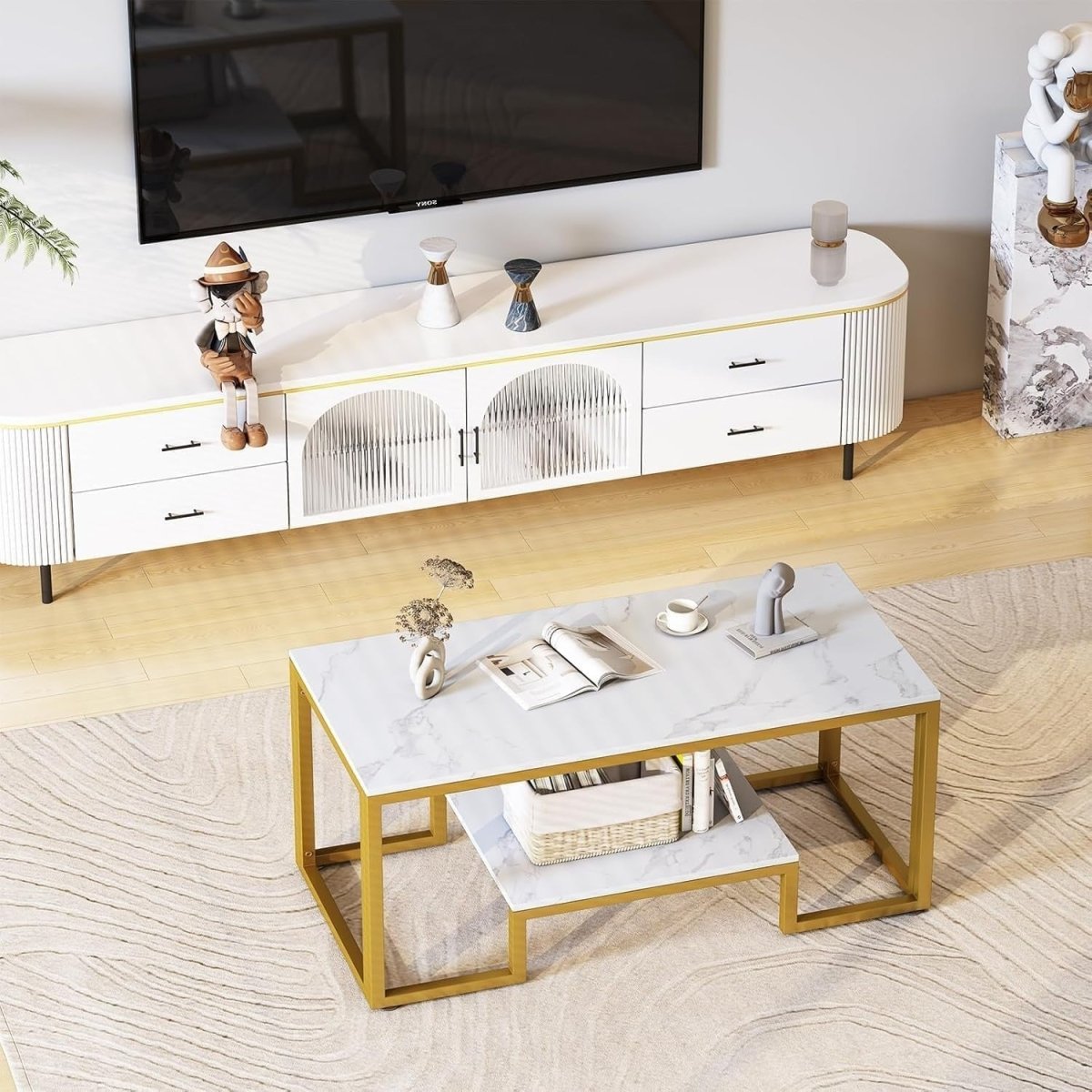 White Marble Coffee Table with Storage – Gold Frame 2 - Tier 100cm Modern - Kwikley