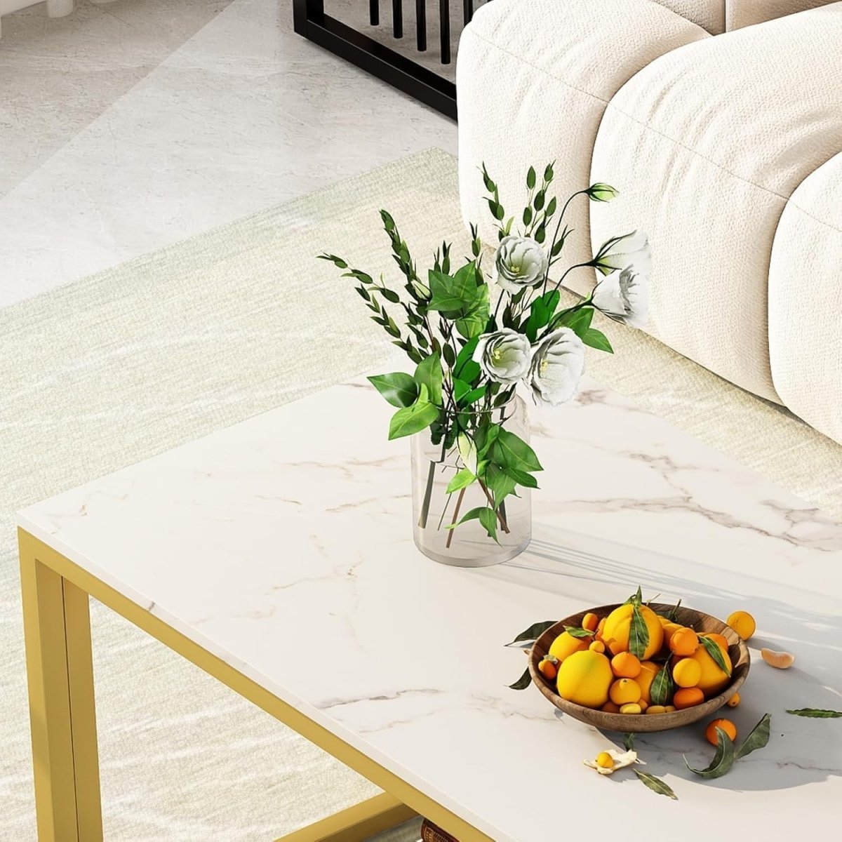 White Marble Coffee Table with Storage – Gold Frame 2 - Tier 100cm Modern - Kwikley
