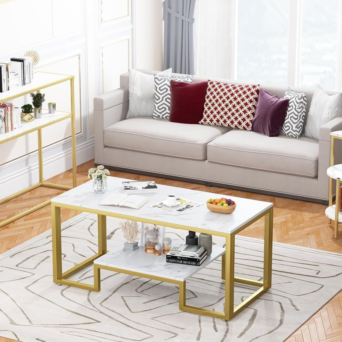 White Marble Coffee Table with Storage – Gold Frame 2 - Tier 100cm Modern - Kwikley