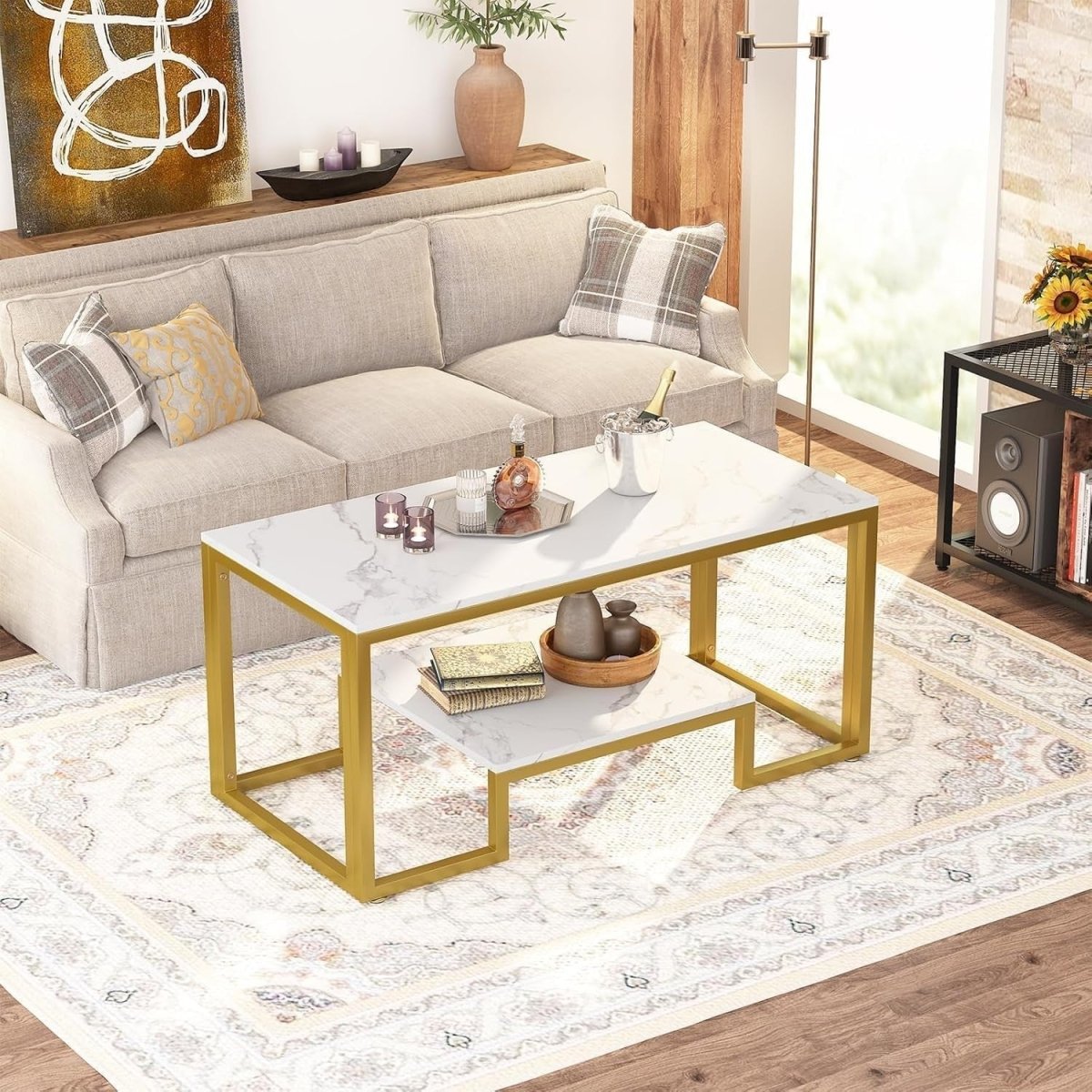 White Marble Coffee Table with Storage – Gold Frame 2 - Tier 100cm Modern - Kwikley