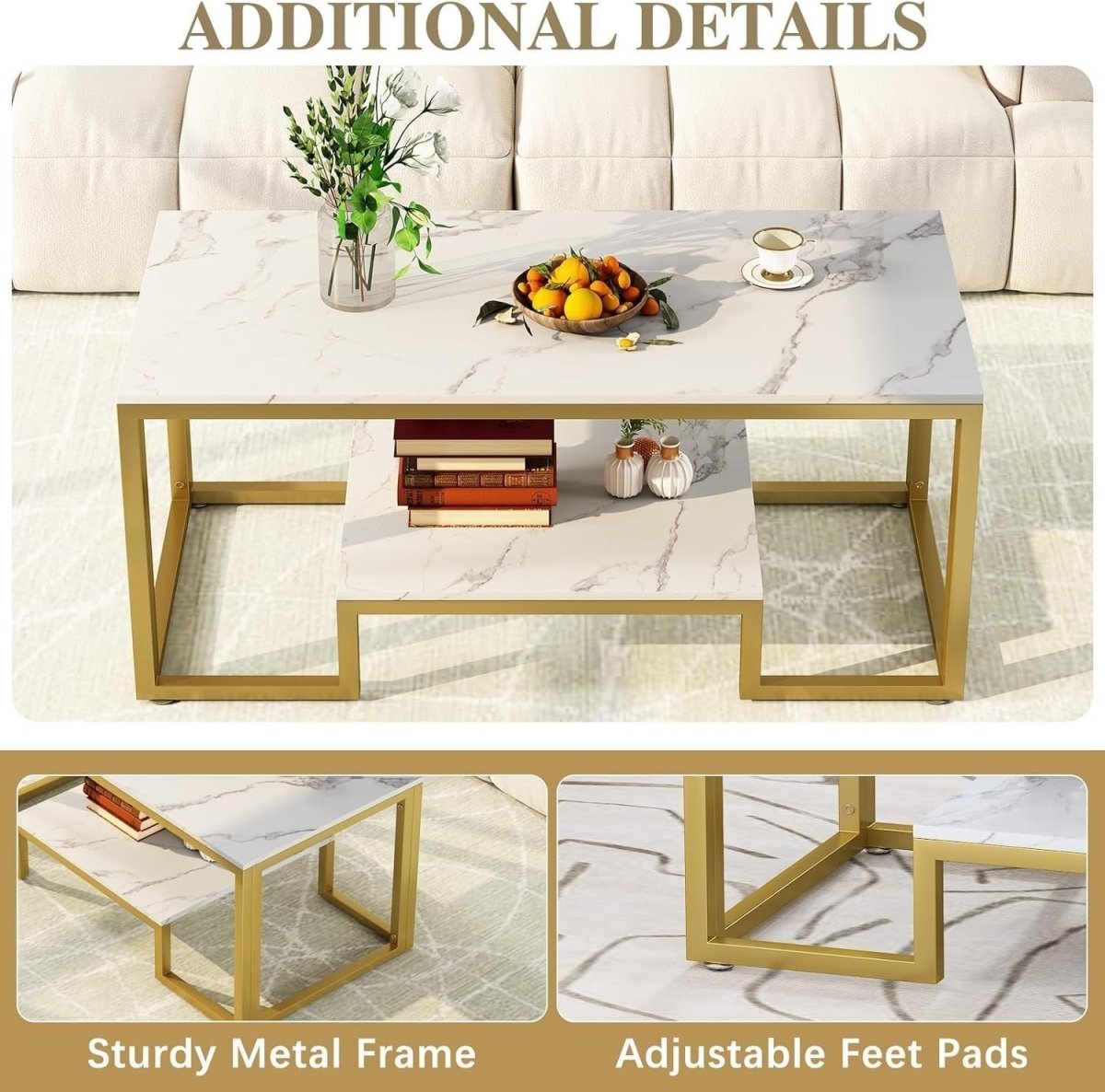 White Marble Coffee Table with Storage – Gold Frame 2 - Tier 100cm Modern - Kwikley