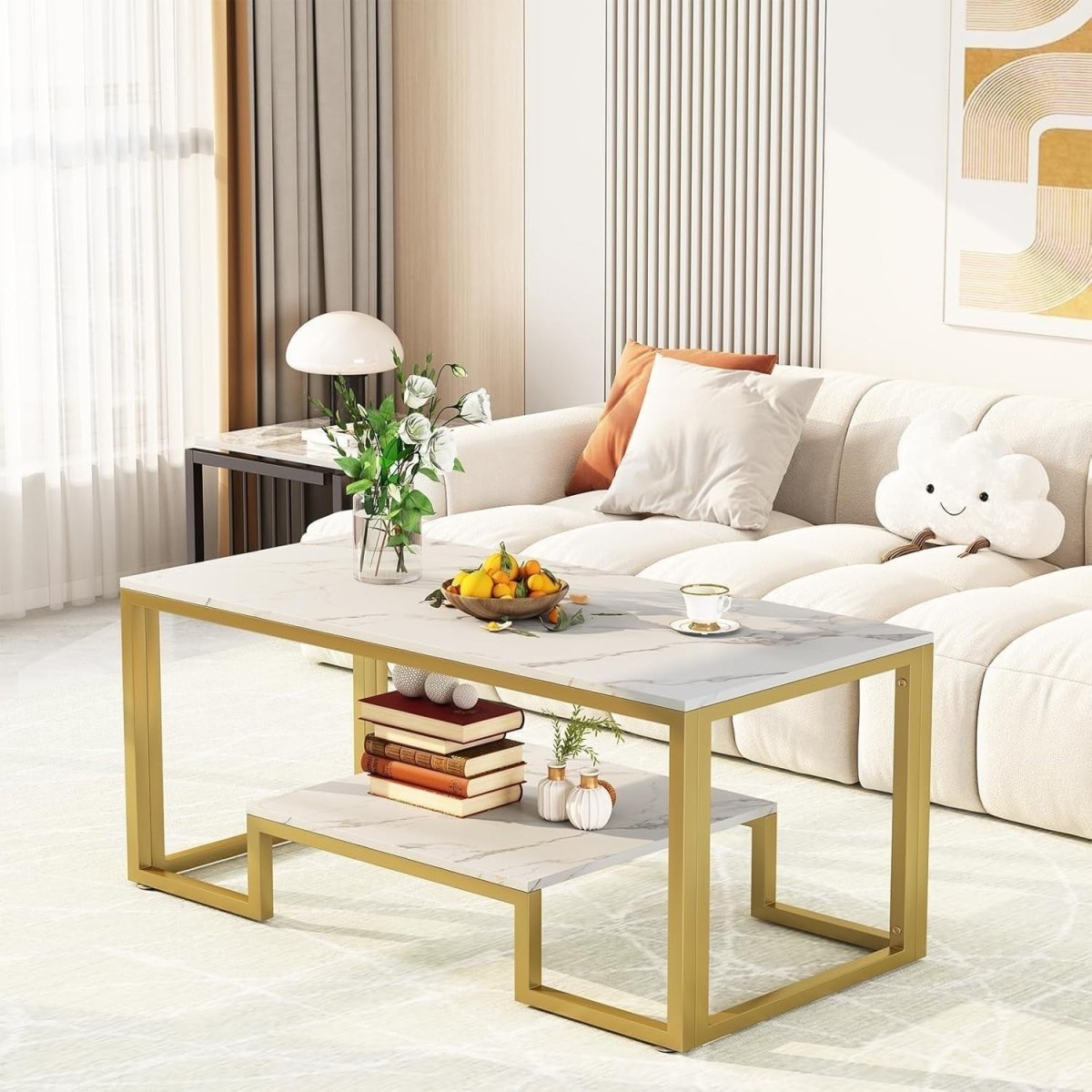 White Marble Coffee Table with Storage – Gold Frame 2 - Tier 100cm Modern - Kwikley