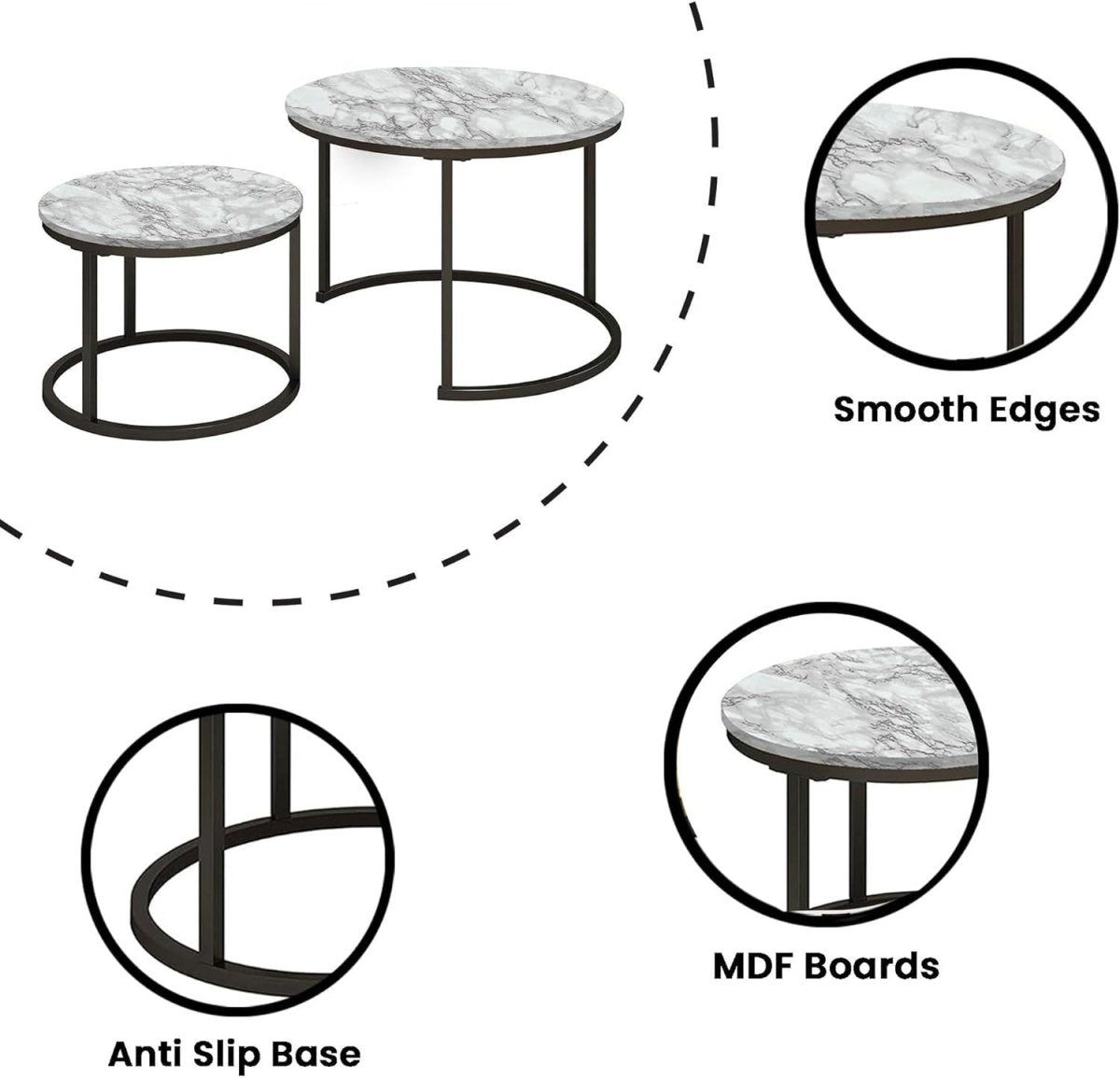 White Marble Effect Nesting Coffee Table Set Stackable Round Living Room Accent - Kwikley