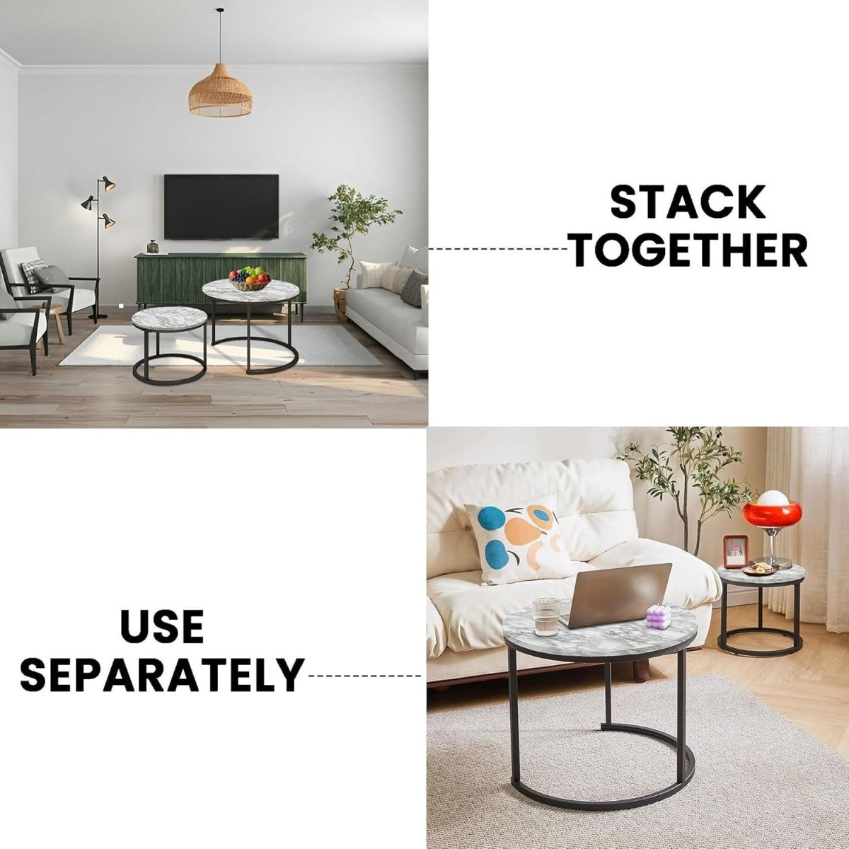 White Marble Effect Nesting Coffee Table Set Stackable Round Living Room Accent - Kwikley