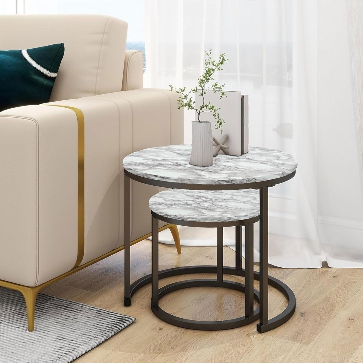 White Marble Effect Nesting Coffee Table Set Stackable Round Living Room Accent - Kwikley