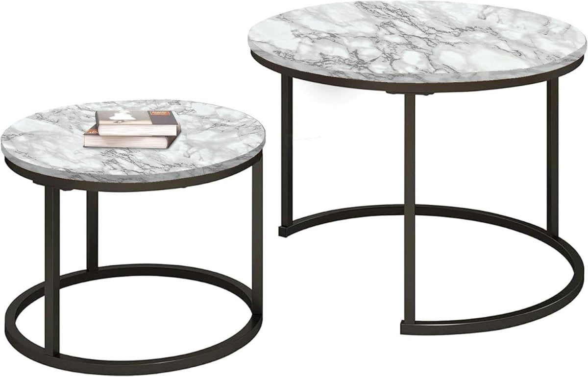 White Marble Effect Nesting Coffee Table Set Stackable Round Living Room Accent - Kwikley