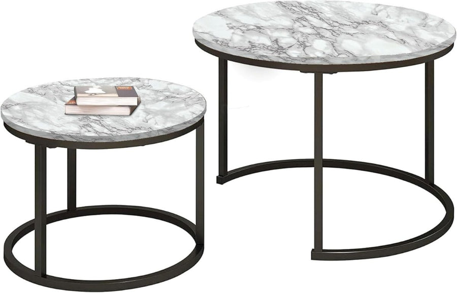 White Marble Effect Nesting Coffee Table Set Stackable Round Living Room Accent - Kwikley