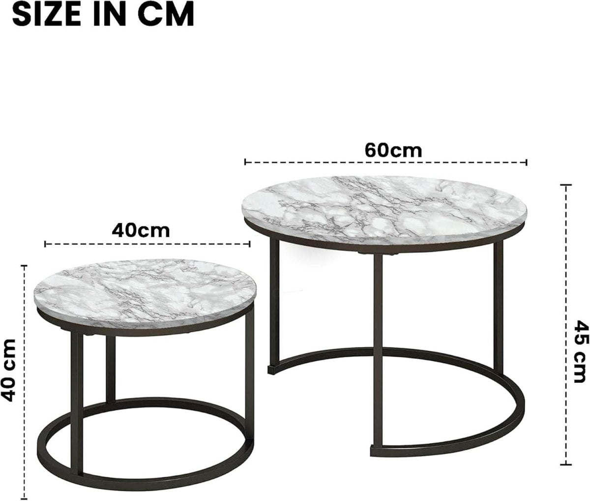 White Marble Effect Nesting Coffee Table Set Stackable Round Living Room Accent - Kwikley
