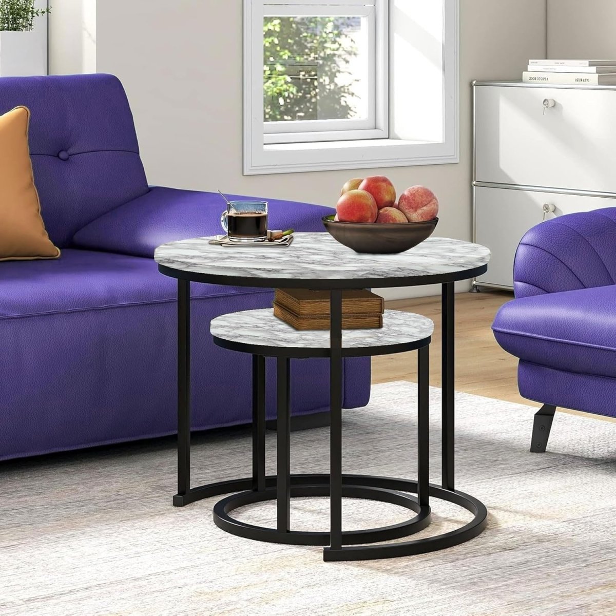 White Marble Effect Nesting Coffee Table Set Stackable Round Living Room Accent - Kwikley