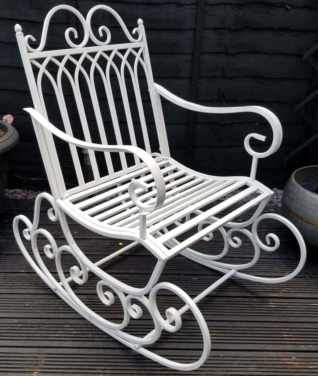 White Metal Garden Rocking Chair, Victorian Design, Outdoor Patio Seat - Kwikley
