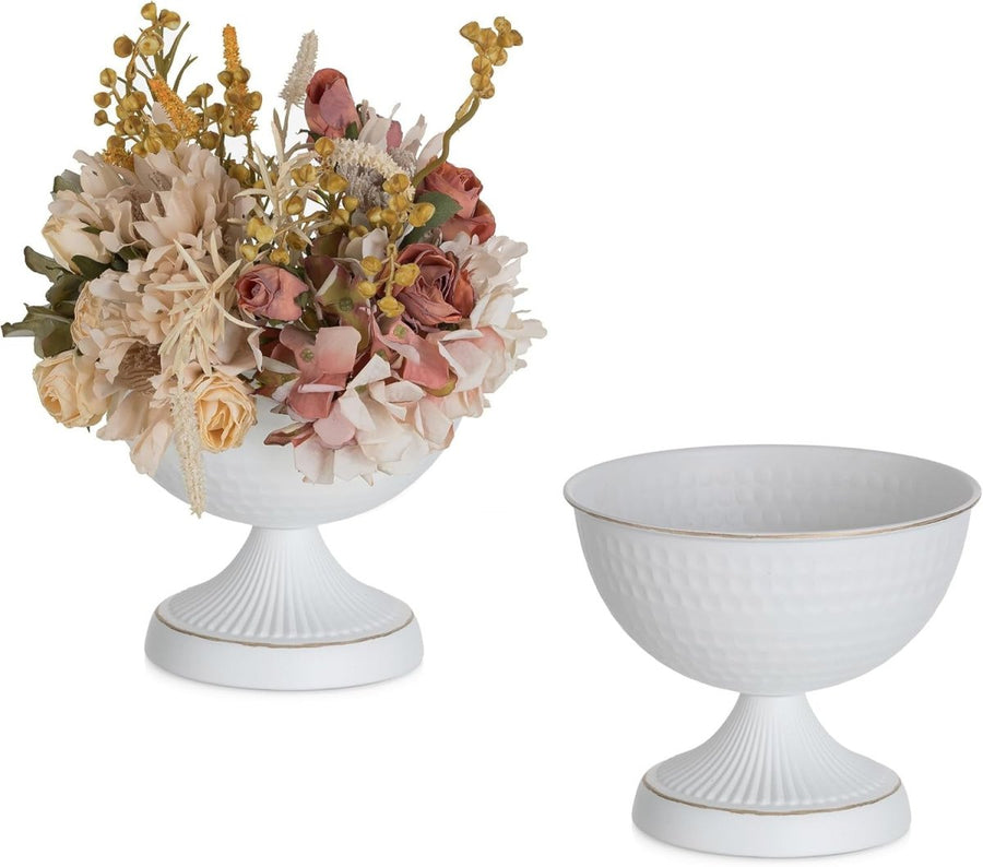 White Metal Urn Vase Set of 2 – Wedding Table Centrepiece 15cm Decor - Kwikley