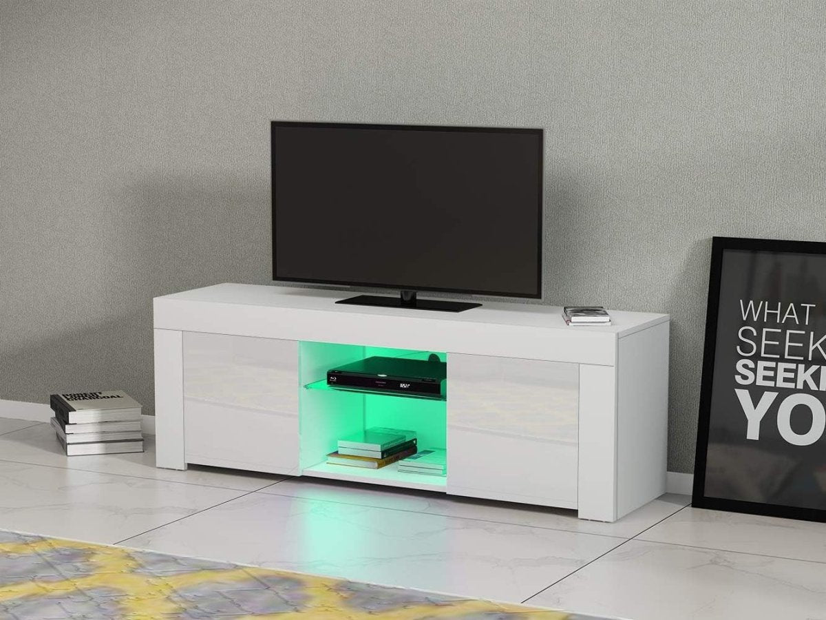 White Modern TV Stand for 50” TVs with RGB LED Light & Storage Cabinets - Kwikley