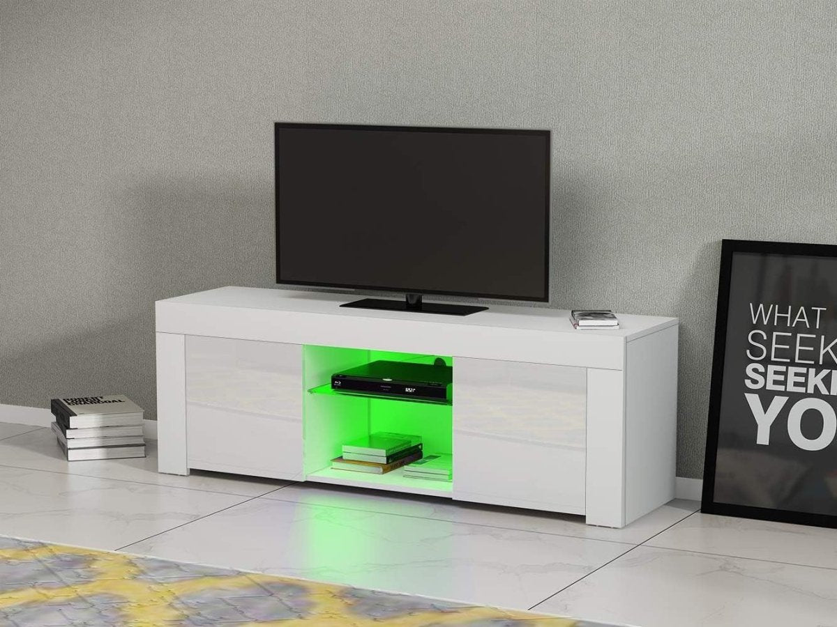 White Modern TV Stand for 50” TVs with RGB LED Light & Storage Cabinets - Kwikley