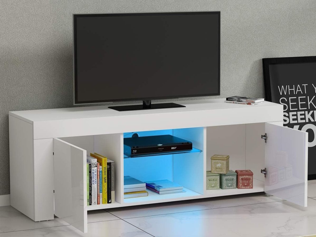 White Modern TV Stand for 50” TVs with RGB LED Light & Storage Cabinets - Kwikley