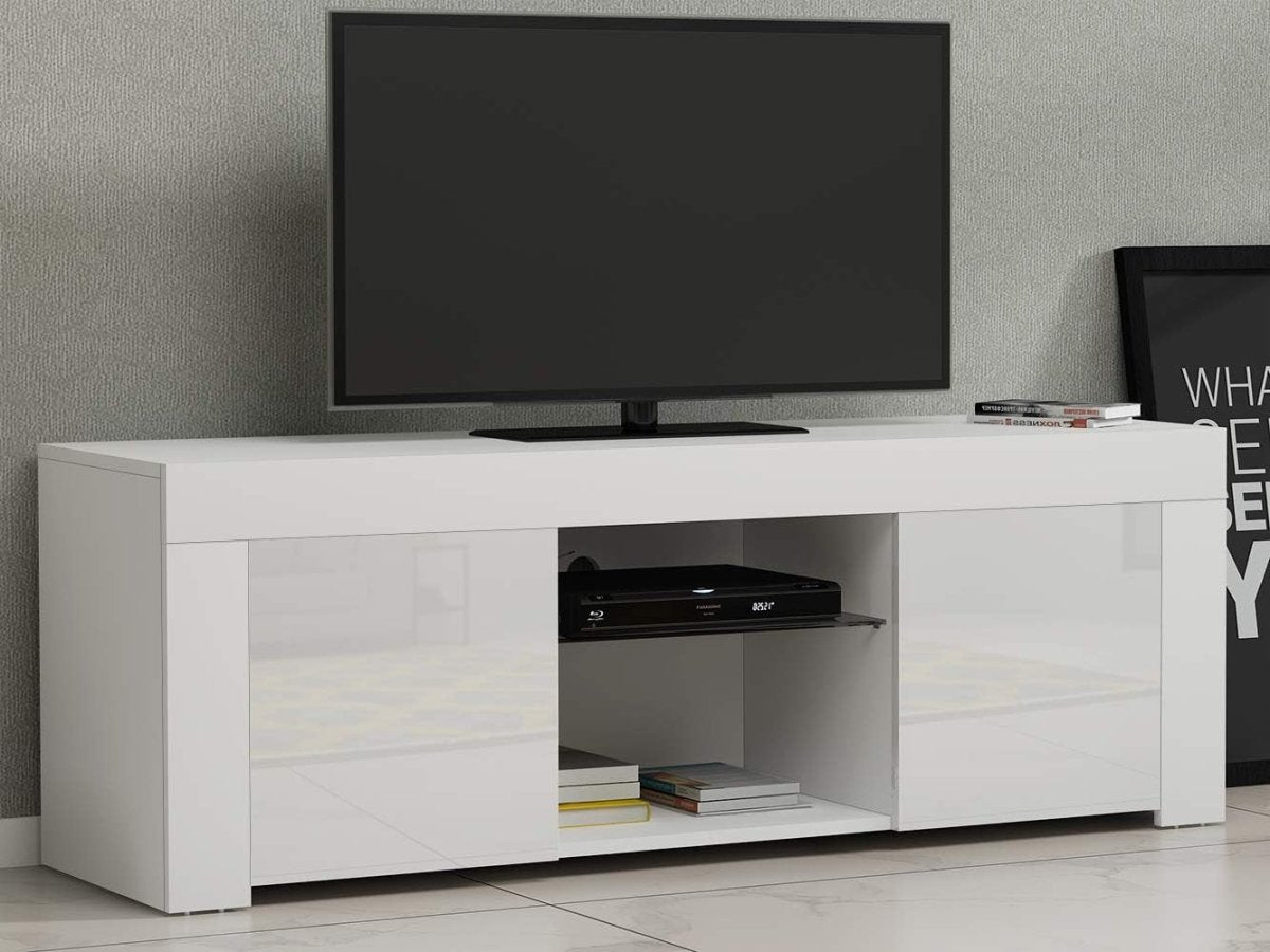White Modern TV Stand for 50” TVs with RGB LED Light & Storage Cabinets - Kwikley