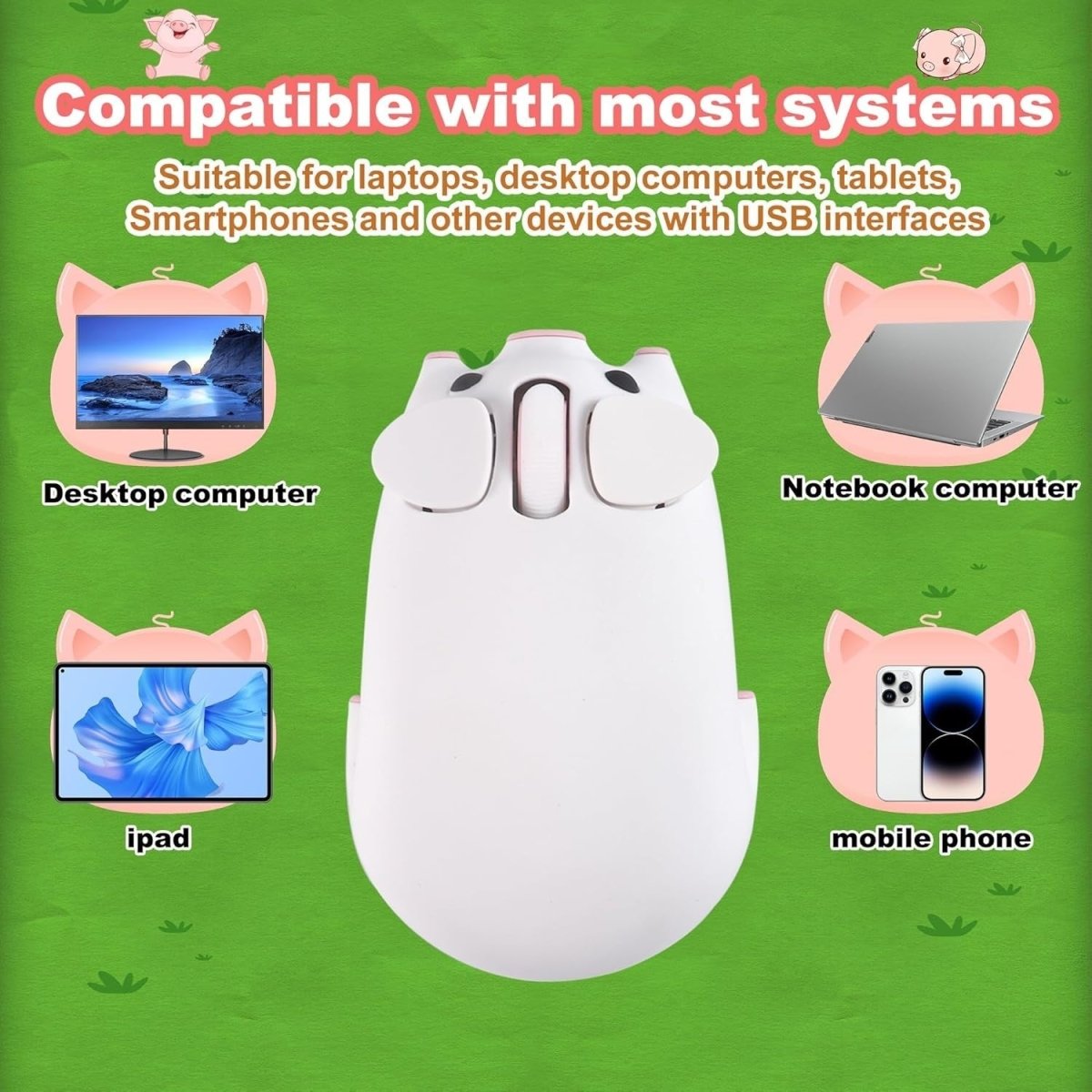 White Pig Wireless Mouse Bluetooth 5.1 2.4G Silent 1200DPI - Kwikley