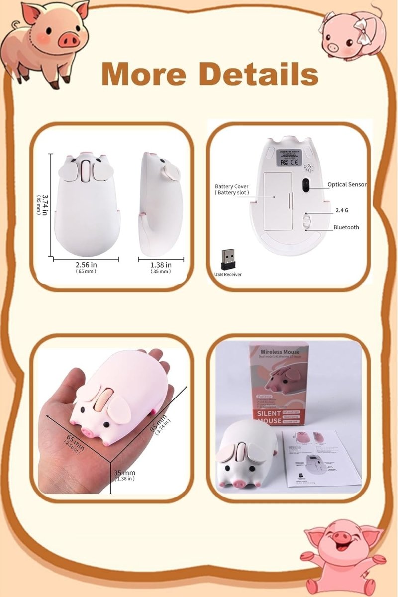 White Pig Wireless Mouse Bluetooth 5.1 2.4G Silent 1200DPI - Kwikley