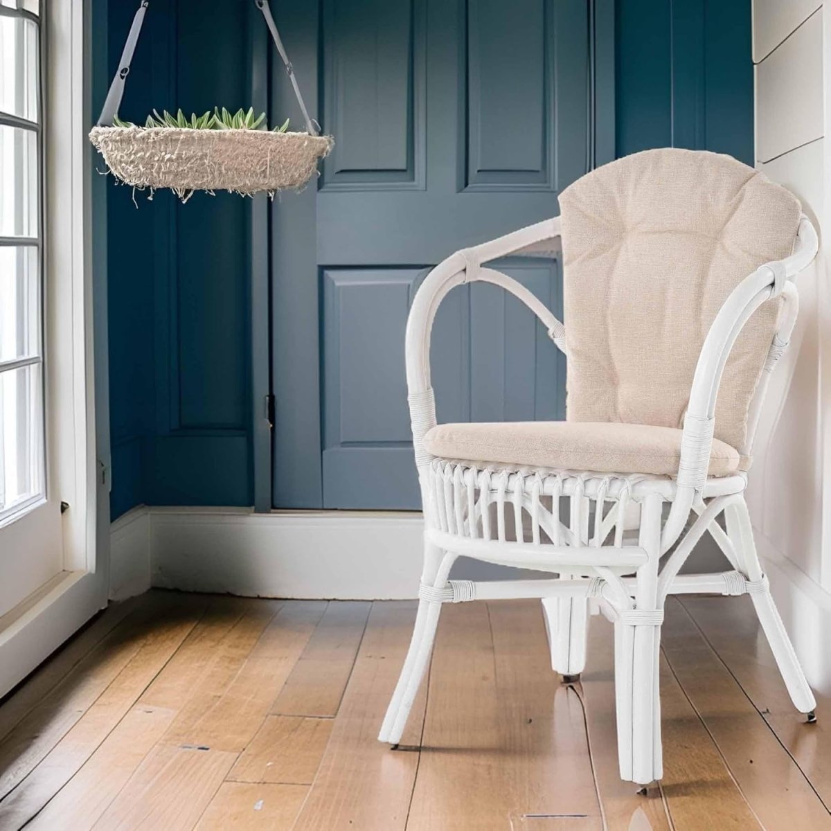 White Rattan Wicker Armchair With Cushions Scandinavian Indoor Accent Chair - Kwikley