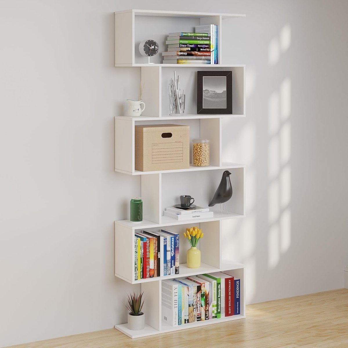 White S - Shape 6 Tier Bookcase Modern Display Shelf Unit Free Standing Storage - Kwikley