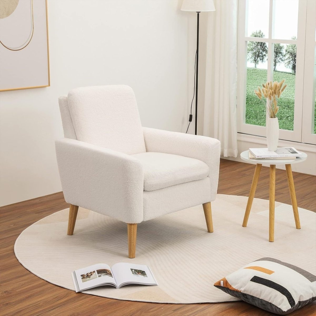 White Sherpa Accent Chair Comfy Armchair for Living Room Bedroom Office - Kwikley